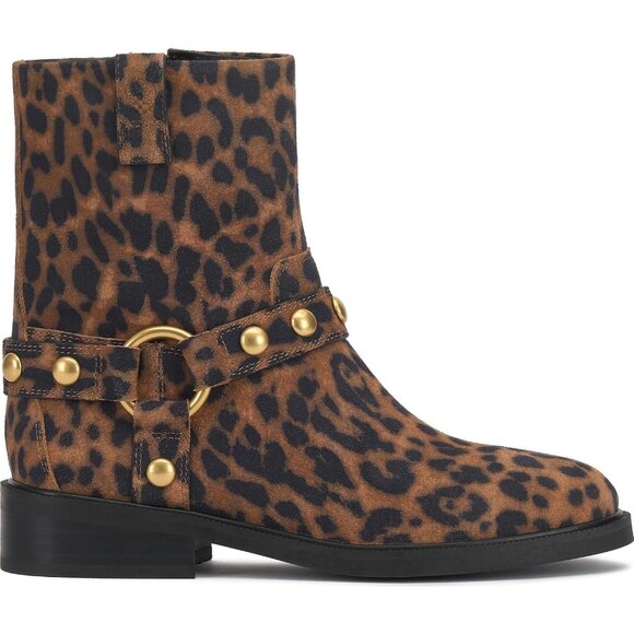 ⚡Women Leopard Print Suede Imported Pointy Toe Mid Calf Chunky Heel Biker Boot - Picture 6 of 7